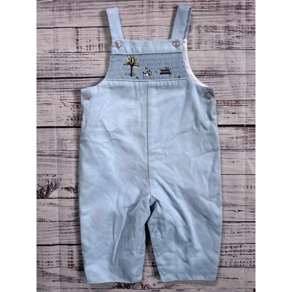 Talbots Kids Vintage Overalls Kids Light Blue Smocked Embroidered Dog Tree 12M
